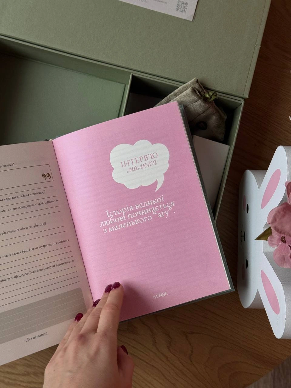 Рожевий розворот книги малюка з історією народження