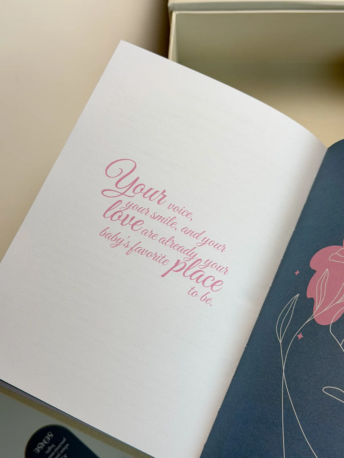 Spread of the English-edition pregnancy journal with the lines about a mother’s voice